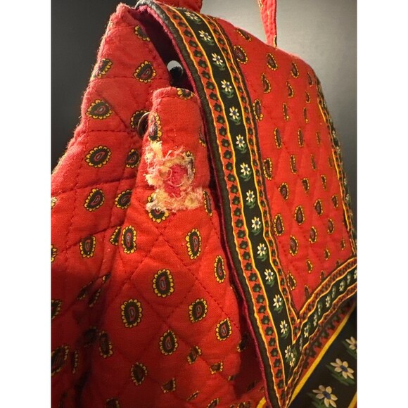 Vintage Red Quilted Cotton Backpack Purse Folk Floral Drawstring Tote Bag 13" - Picture 6 of 9